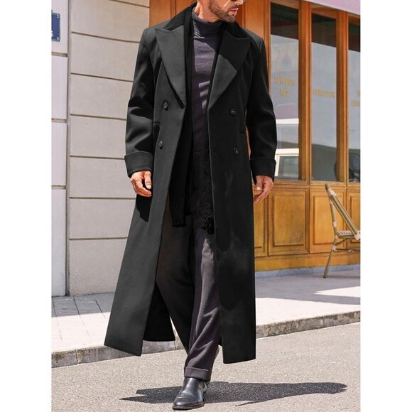 Mens Black Full Length Trench Coat Notched Lapel Long Jacket Winter Overcoat - Picture 4 of 6